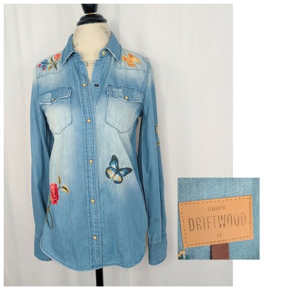 DRIFTWOOD Tops - Driftwood Chambray Button Down X Small Embroidered Top Fitted Floral